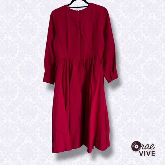 Son de Flor M Baltic Linen Midi Dress Marsala Red Long Sleeve Pockets - Picture 3 of 8